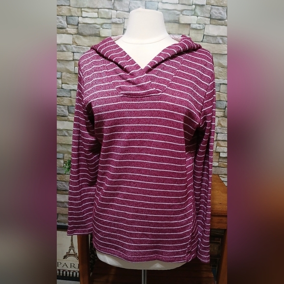 St. John's Bay Tops - Womens Large Burgundy White Sparkle Metallic Knit Terry Pullover Hoodie